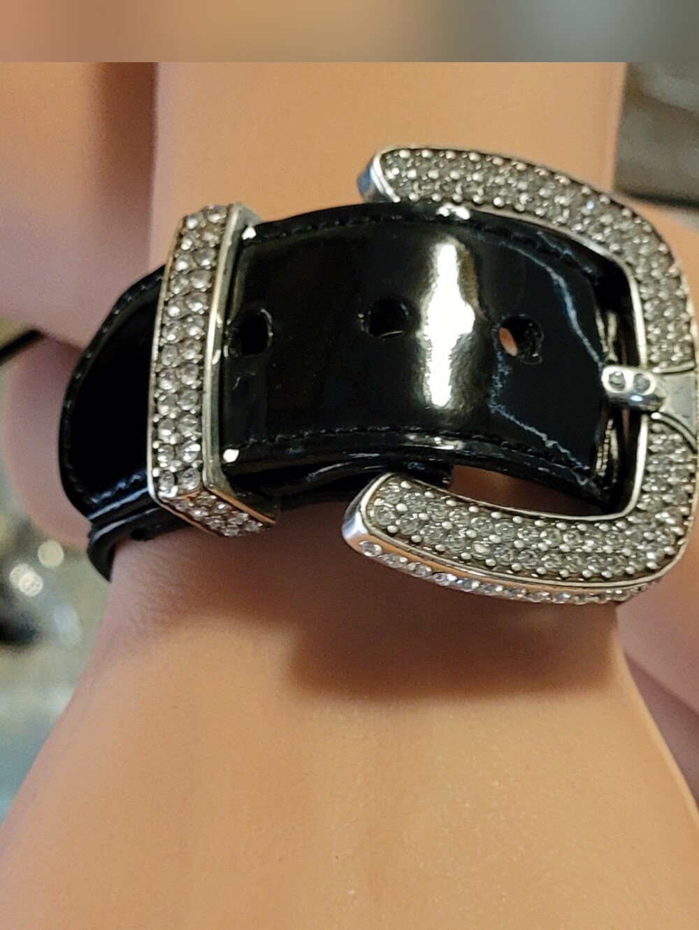 Brighton“Dazzle”Black Patent Leather Strap Bracelet Swarovski Crystals Western
